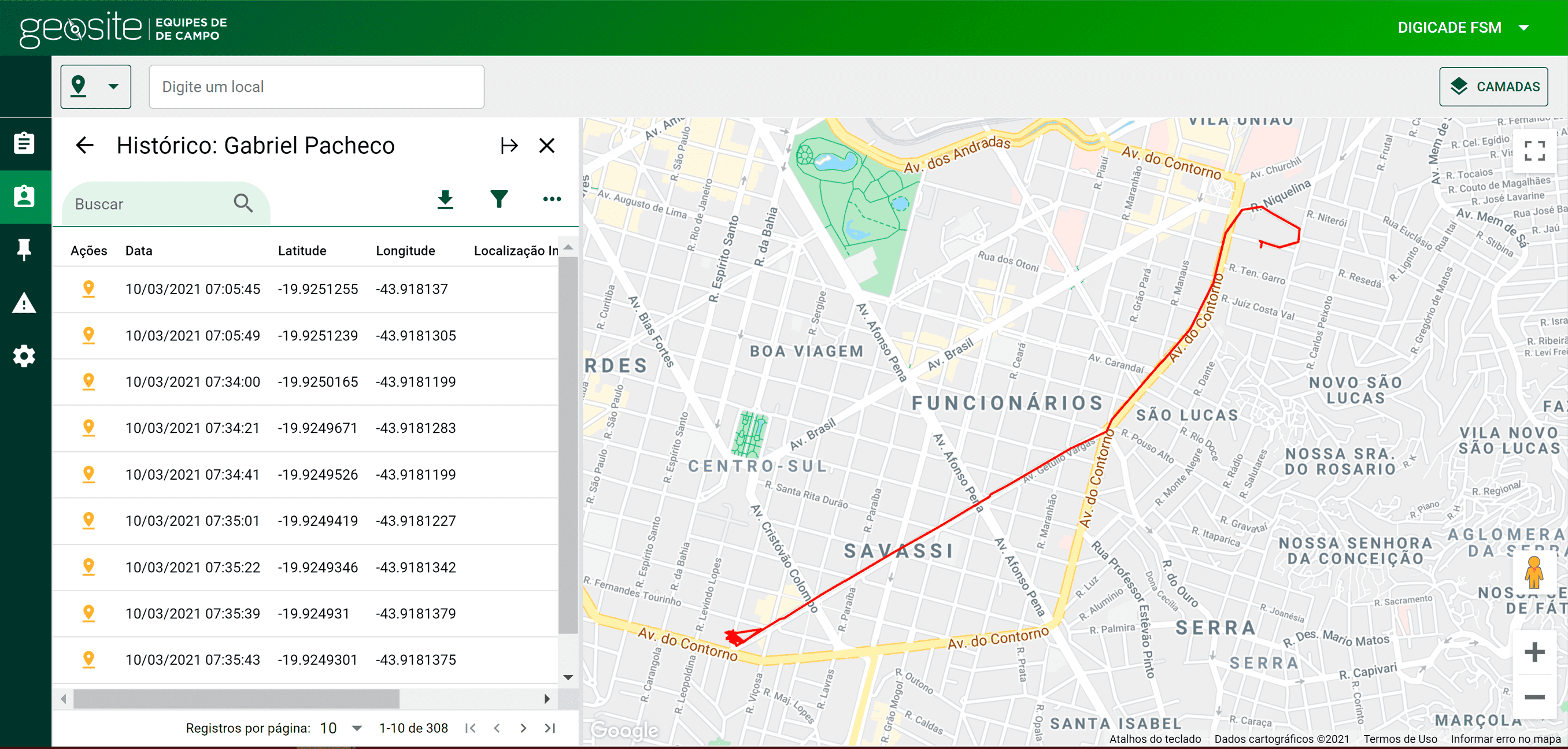 Histórico de rastreamento - Geosite Equipes de Campo